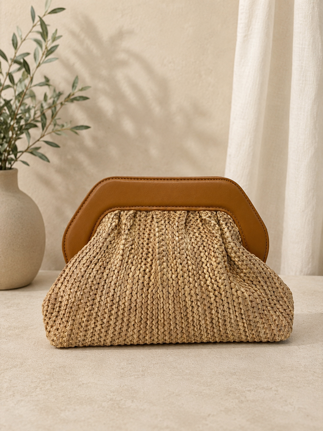 Clutch Intrecciata Effetto Paglia con Tracolla