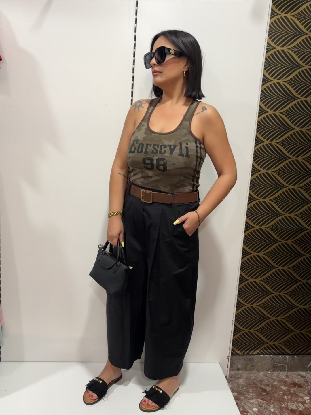 Pantalone Palazzo in Cotone con Cintura