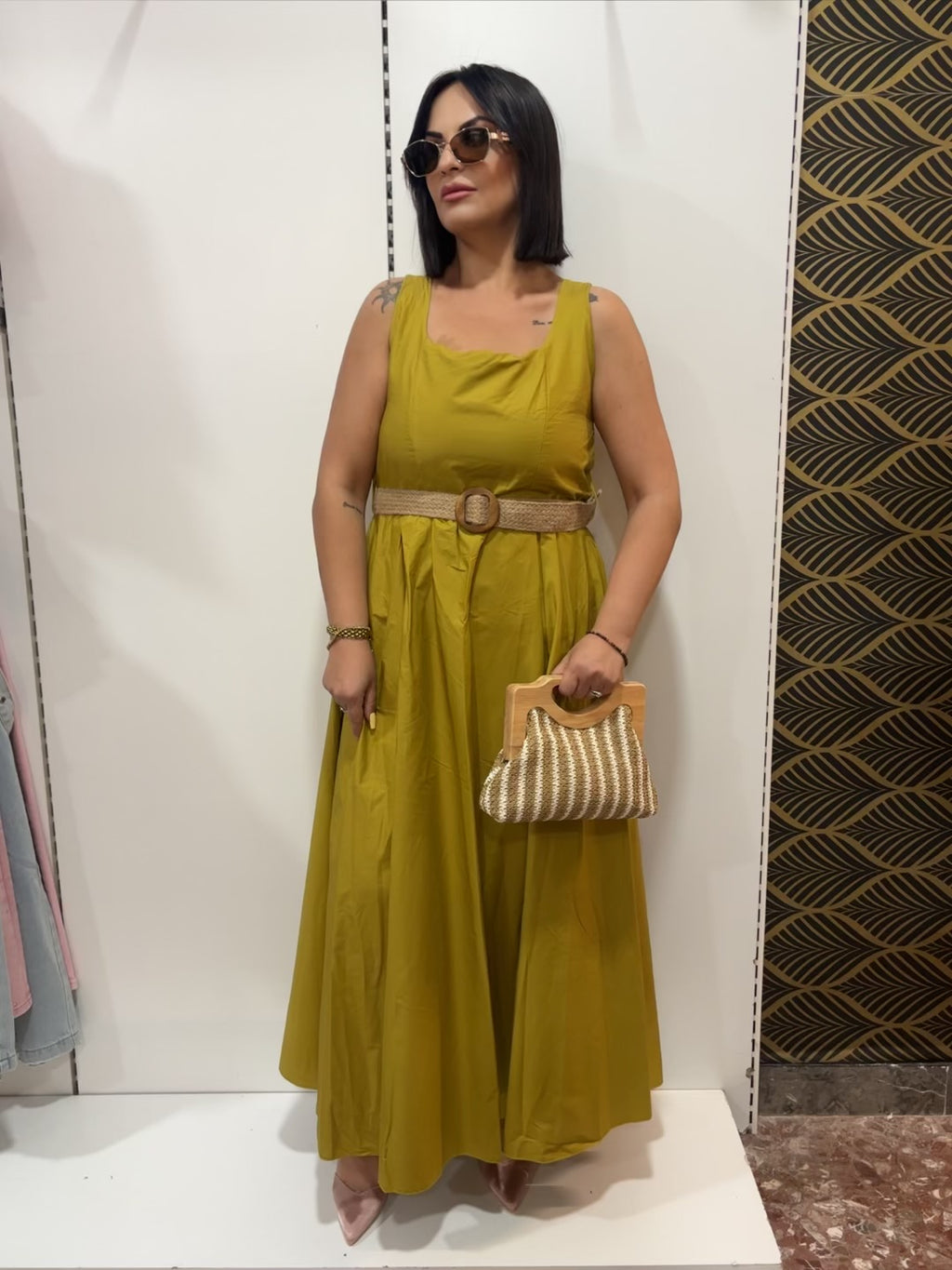 Abito Maxi con Cintura Effetto Rafia”