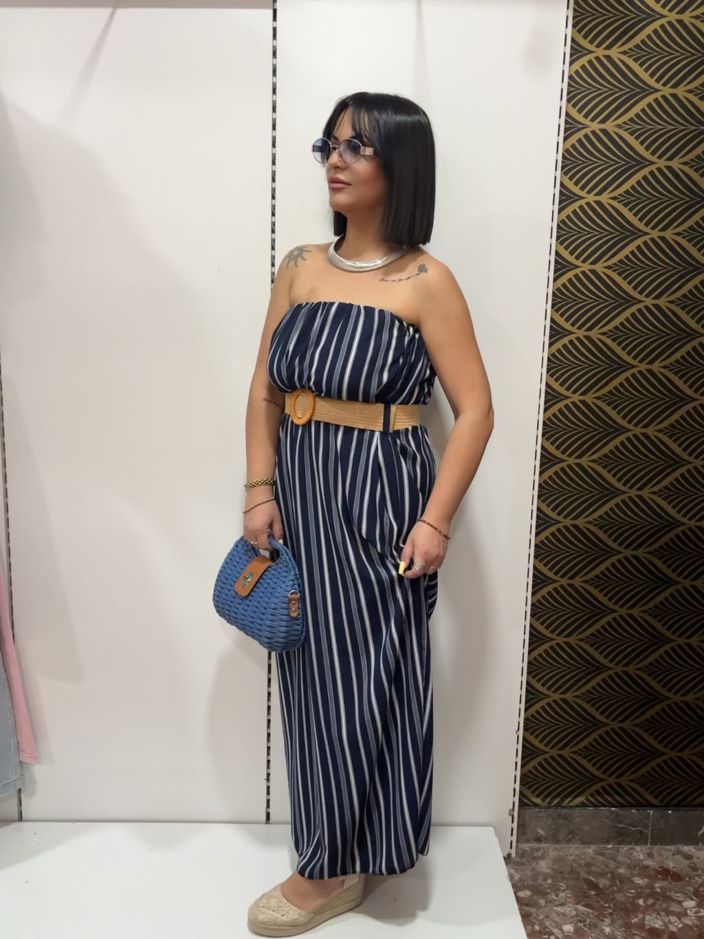 Abito Lungo a Fascia Righe Blu