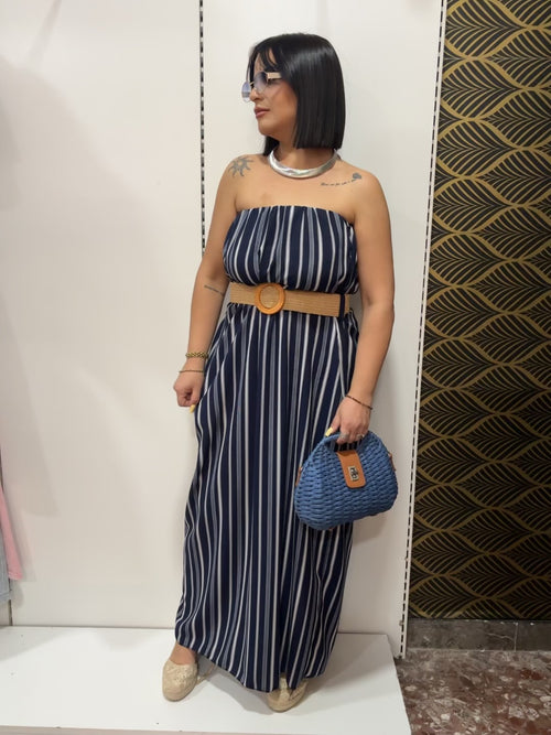 Abito Lungo a Fascia Righe Blu
