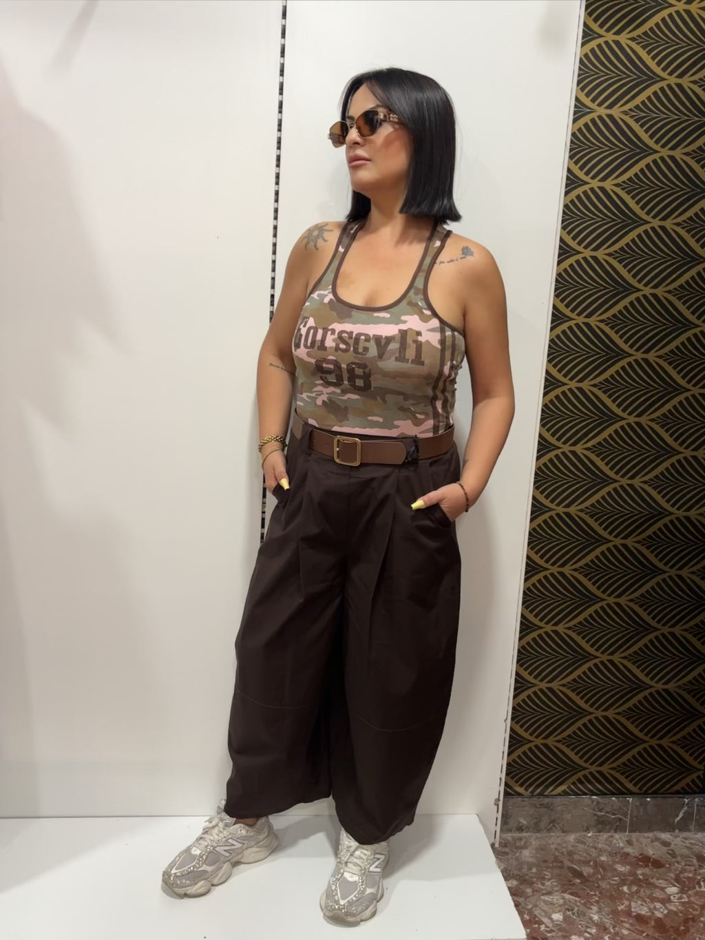Pantalone Palazzo in Cotone con Cintura