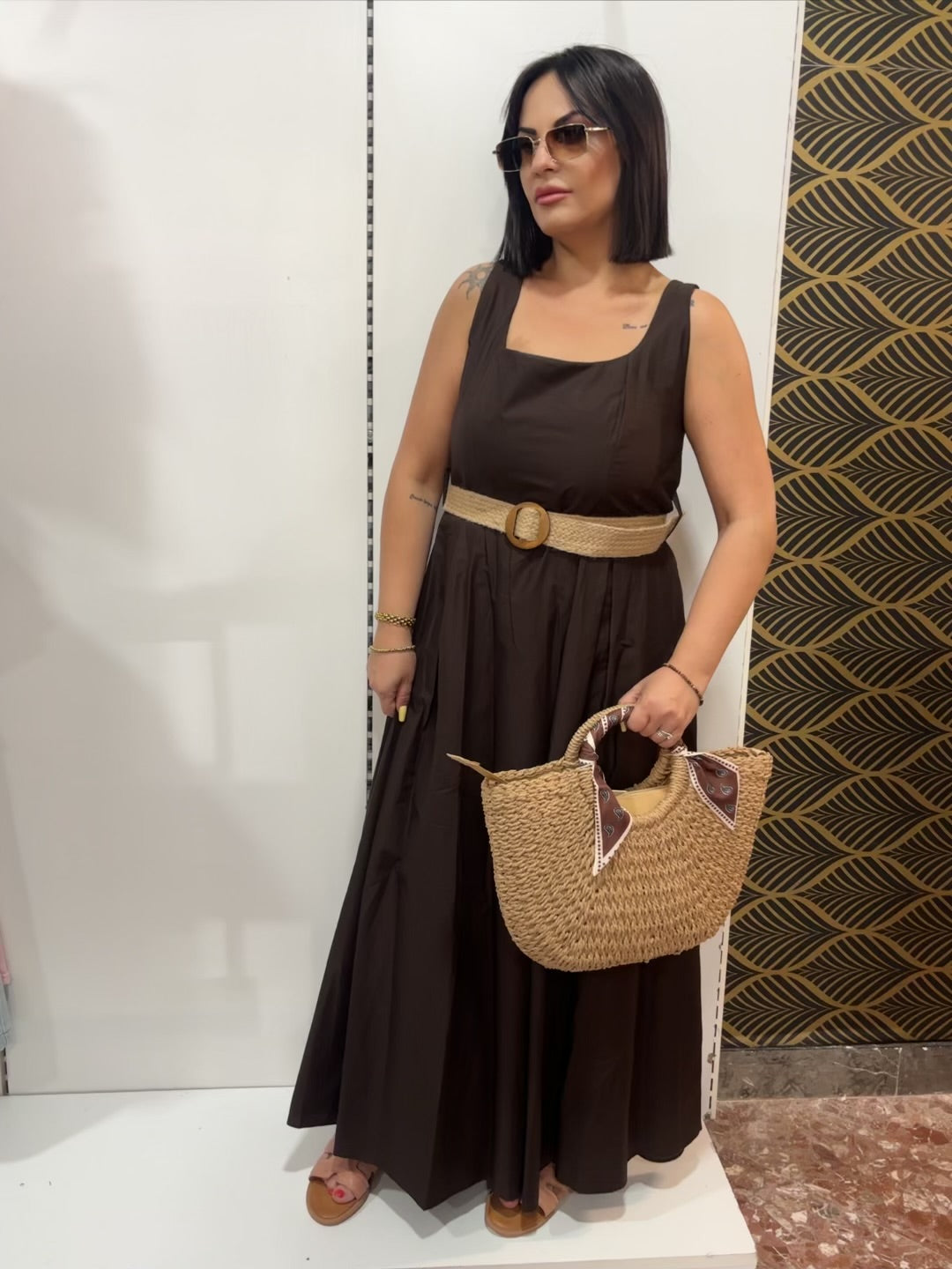 Abito Maxi con Cintura Effetto Rafia”
