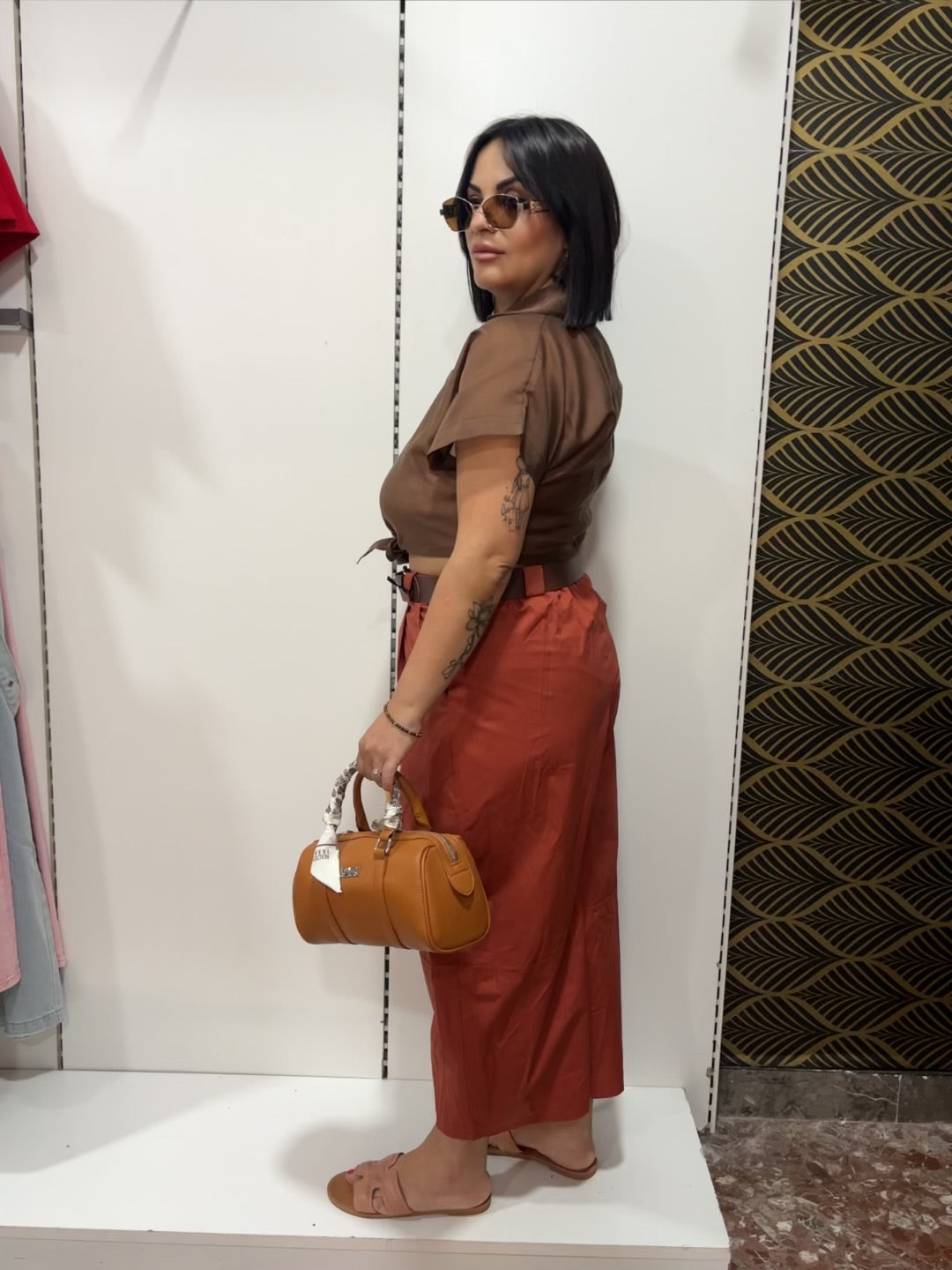 Pantalone Palazzo in Cotone con Cintura